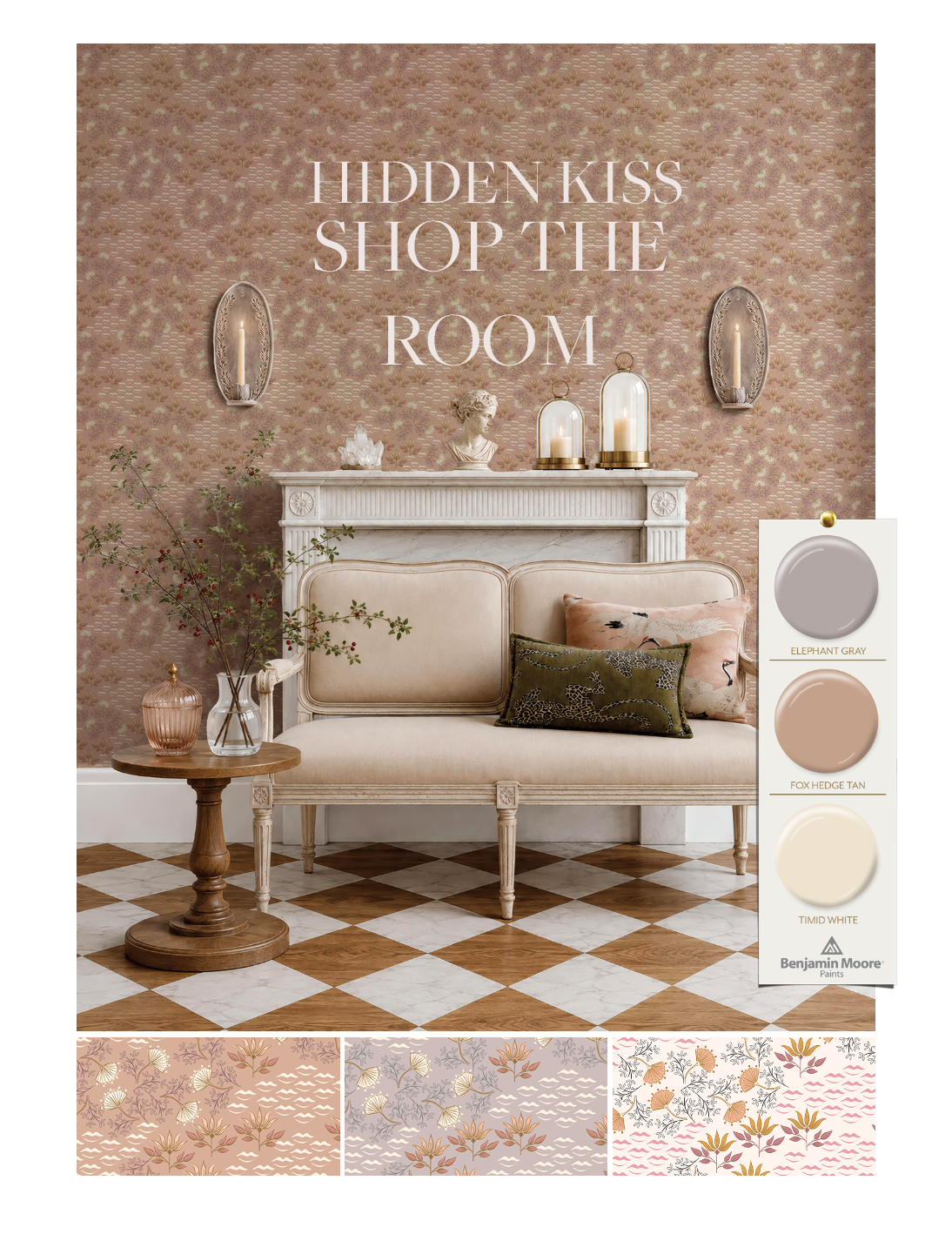 Hidden Kiss: A Shoppable Living Room  .Wallpaper, Decor + Coordinating Paint Colors