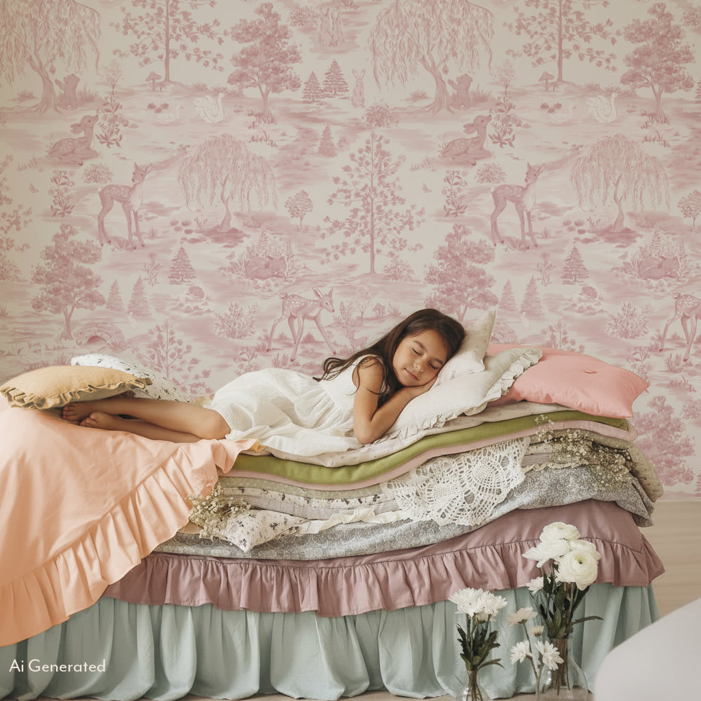 Whimsical Woodlands Toile Mural Wallpaper_Blush