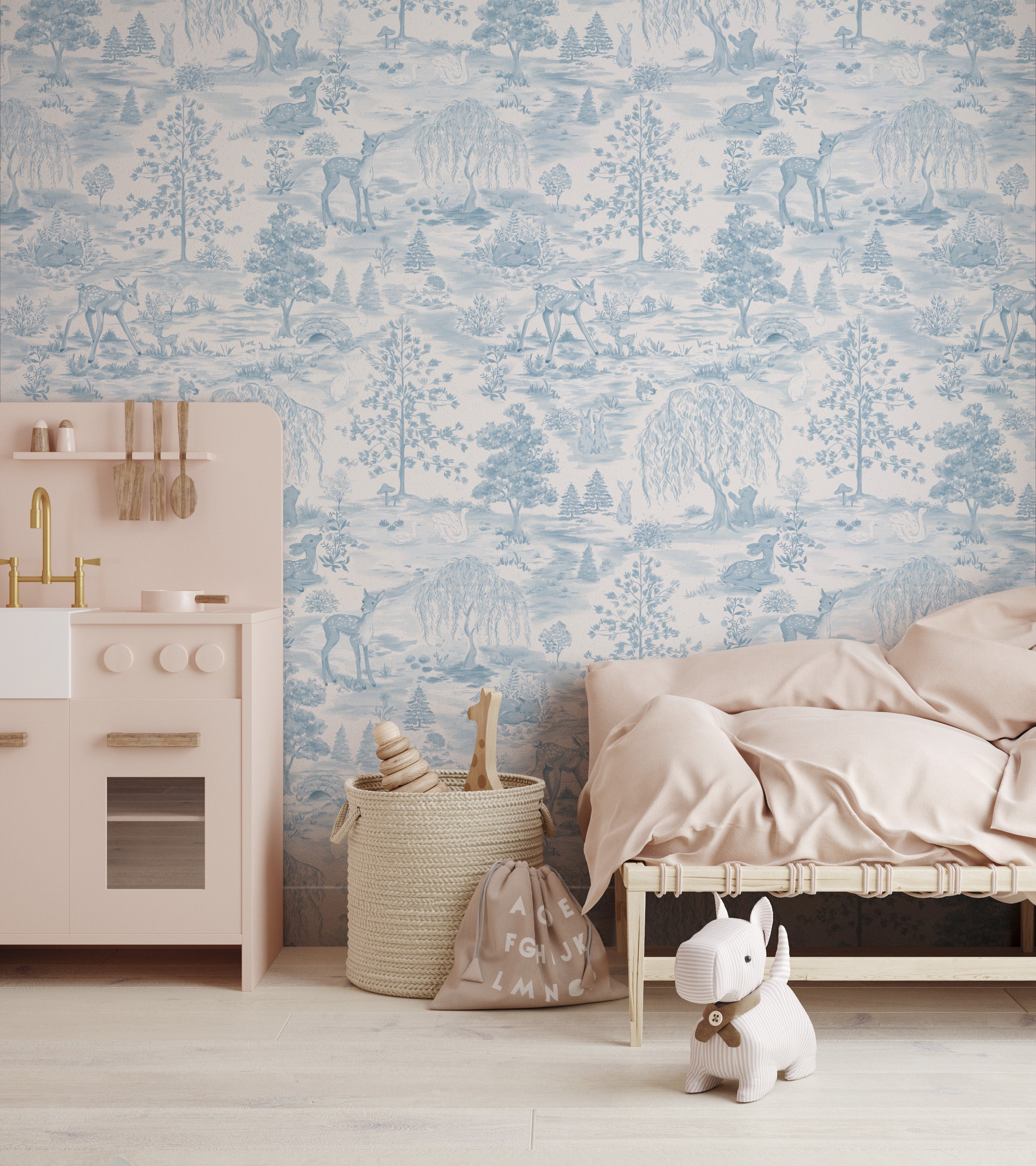 Whimsical Woodlands Toile Mural Wallpaper_Blue