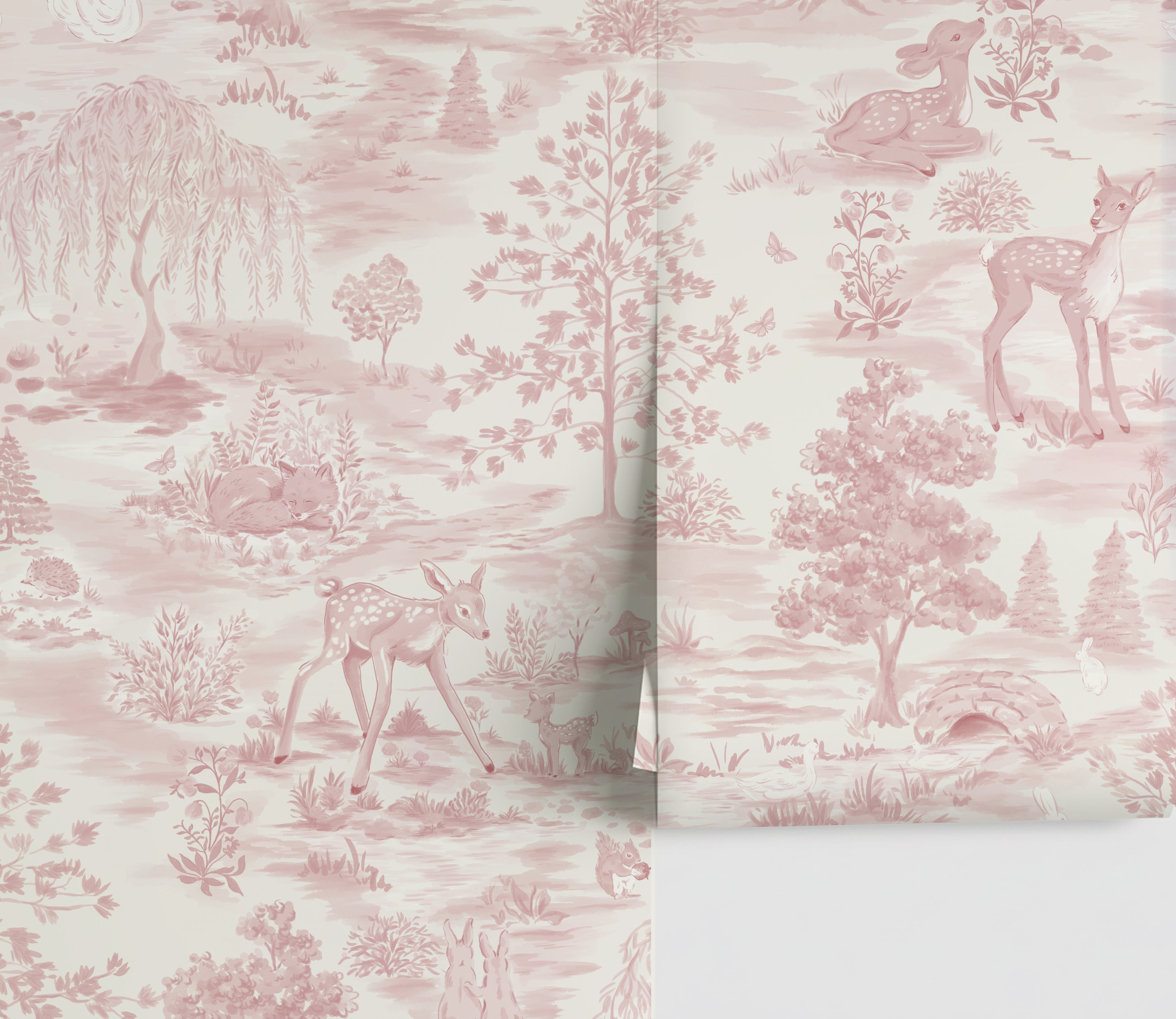 Whimsical Woodlands Toile Mural Wallpaper_Blush