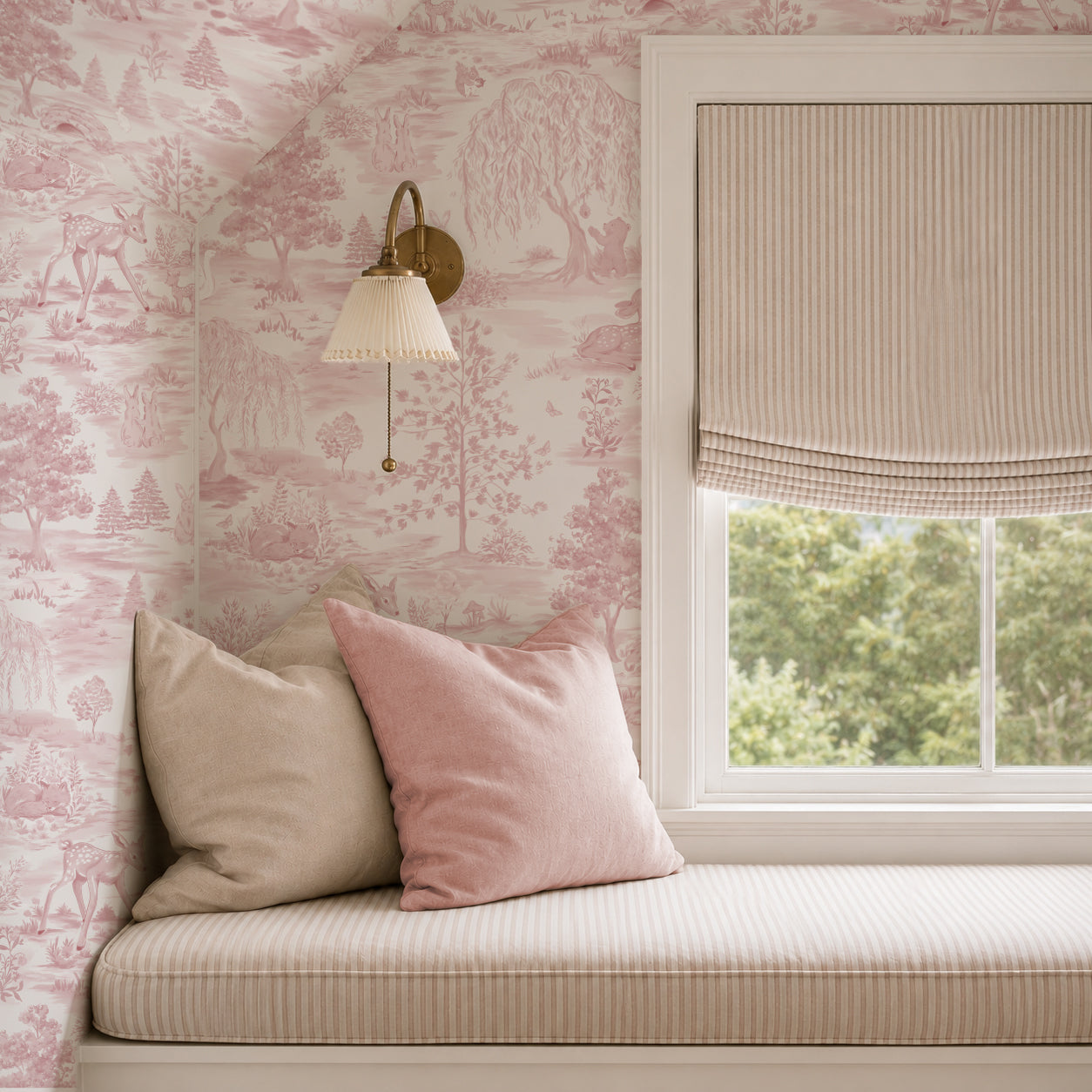 Whimsical Woodlands Toile Mural Wallpaper_Blush