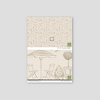 Beige wallpaper with pastoral scenes, trees, bicycles, and architectural elements.