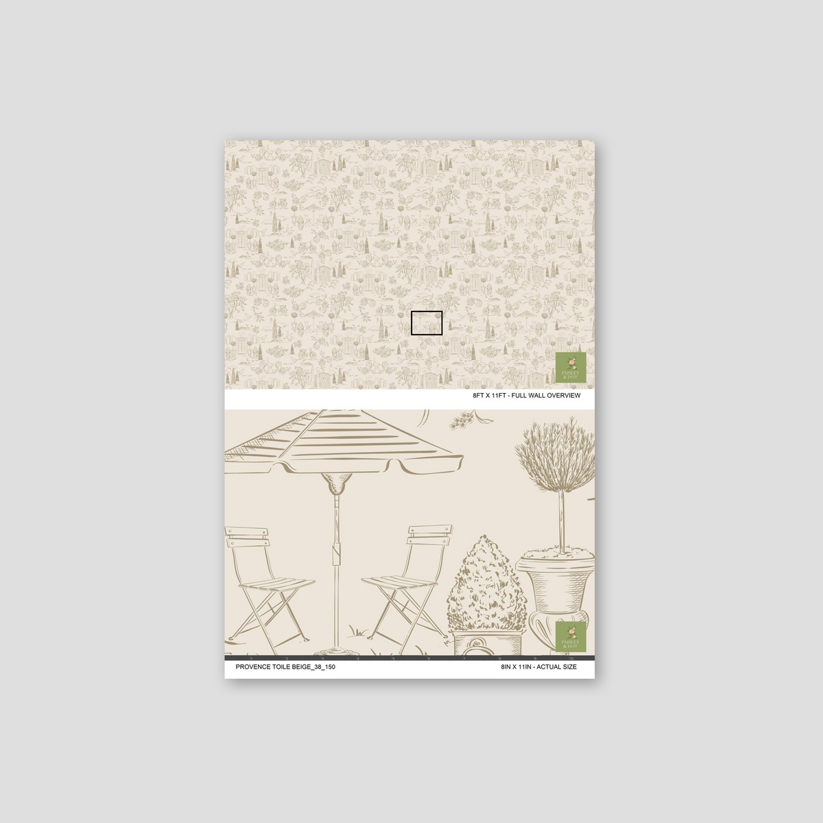Beige wallpaper with pastoral scenes, trees, bicycles, and architectural elements.