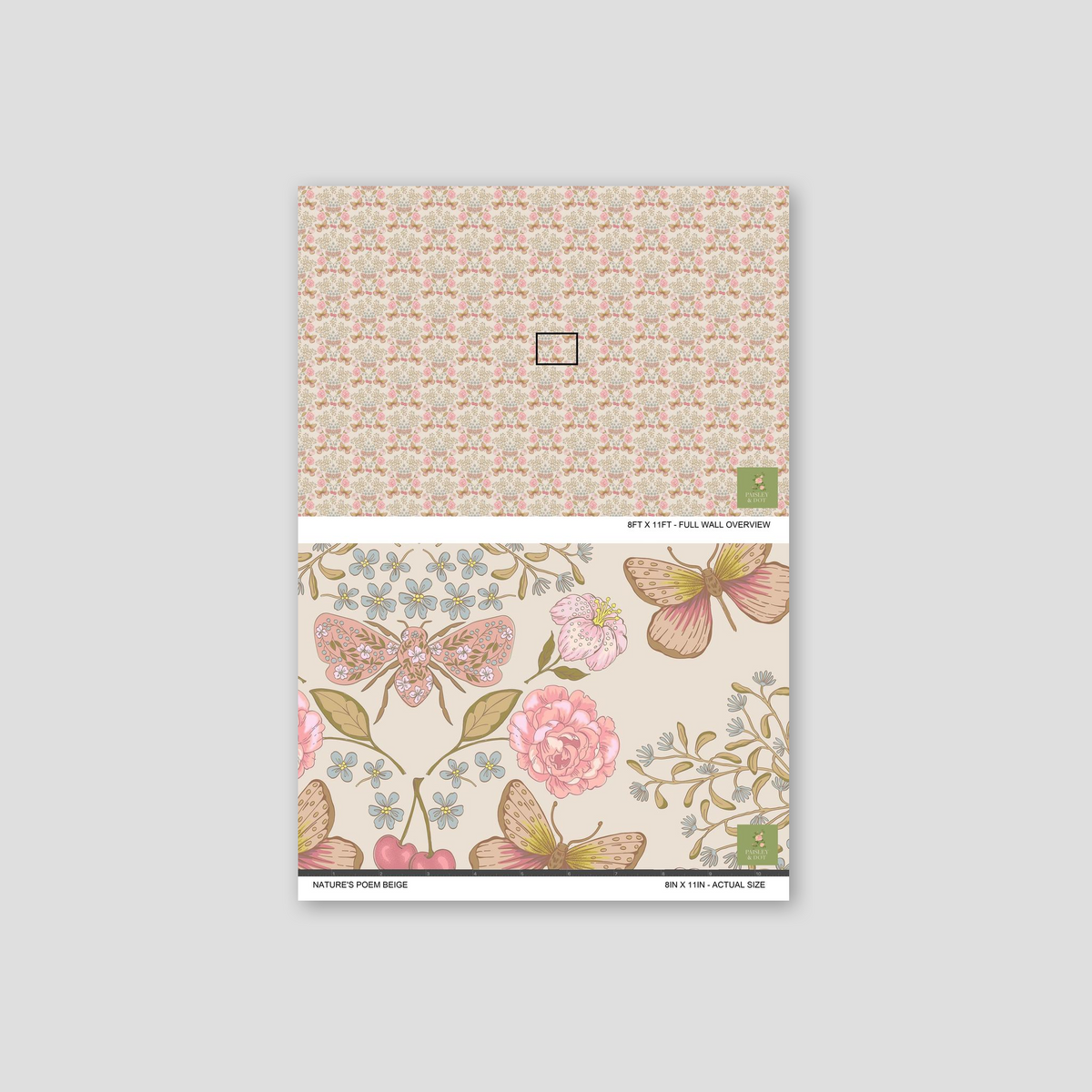 Nature's poem beige wallpaper with butterflies and floral vines in pink, beige, and gold tones.