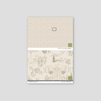 Sepia toile wallpaper with pastoral scenes, bicycles, and topiaries on a cream background.