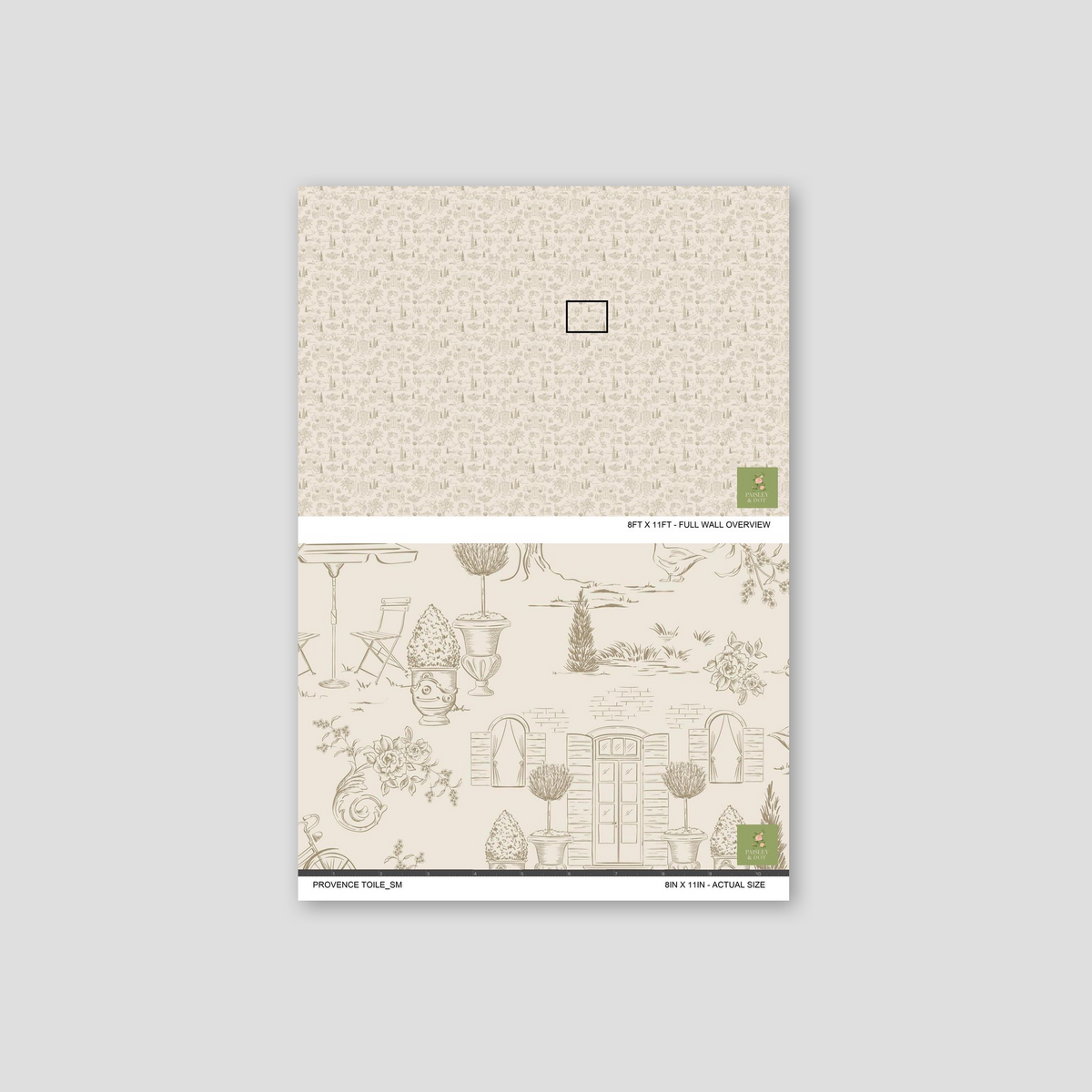 Sepia toile wallpaper with pastoral scenes, bicycles, and topiaries on a cream background.
