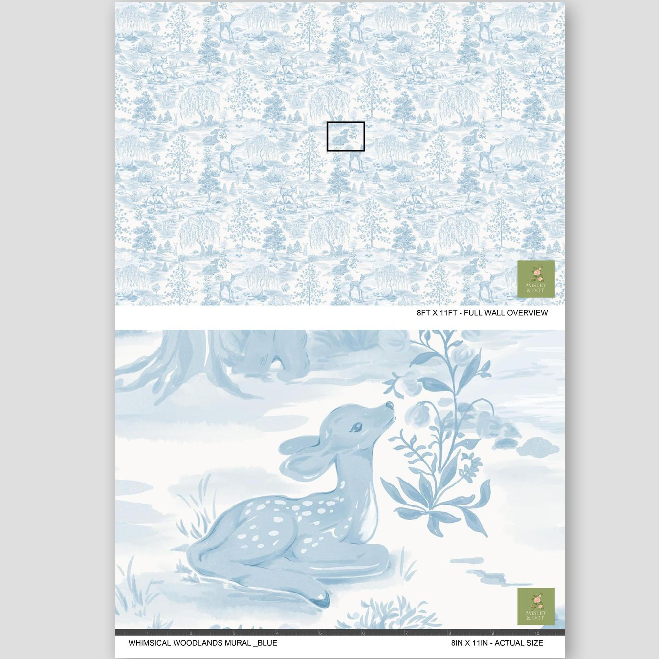 Whimsical Woodlands mural wallpaper in cream and dusty blue with deer and trees.
